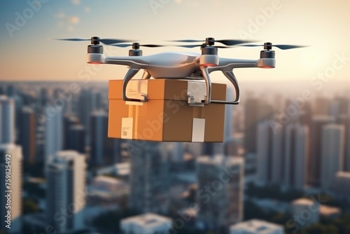 Parcel delivery drone flies with a box over the city, technology and robots of the future