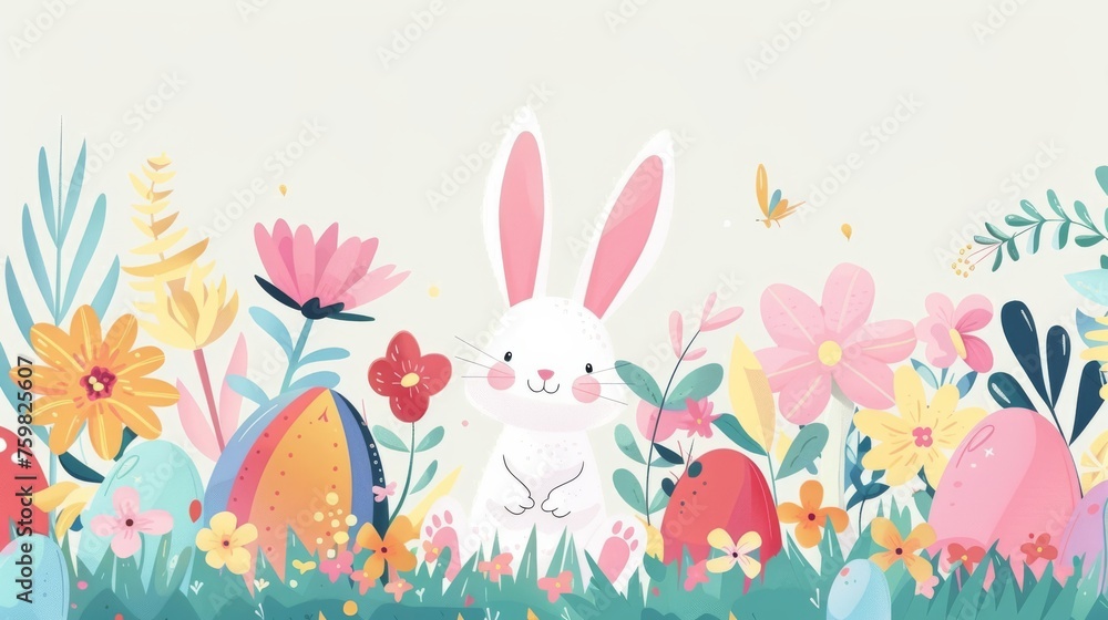 Obraz premium A cute bunny illustration with a floral backdrop and decorative Easter eggs presented in soft pastel hues