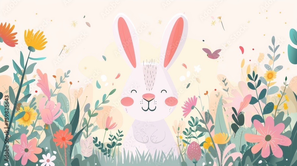 Delightful illustration depicting a playful bunny with oversized ears among vibrant flowers and Easter-themed decor