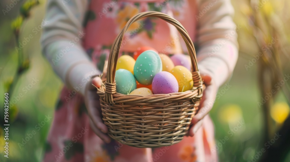 A child wearing a floral apron holds a basket overflowing with brightly colored Easter eggs, symbolizing joy A child wearing a floral apron holds a basket overflowing with brightly colored Easter eggs, symbolizing joy