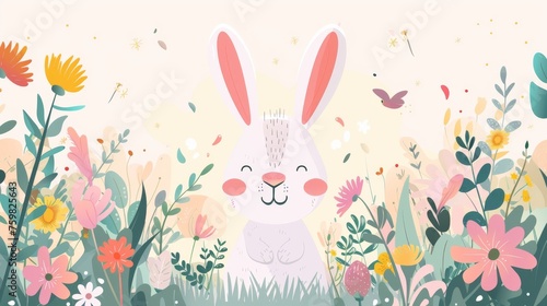 Delightful illustration depicting a playful bunny with oversized ears among vibrant flowers and Easter-themed decor