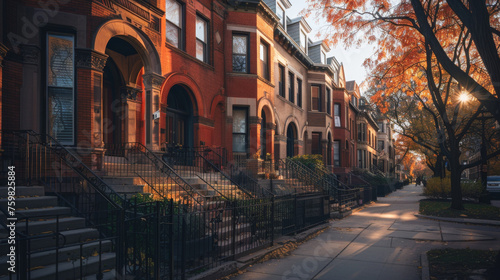 Artistic Row of Colorful Townhouses on Chicago Sidewalk Gen AI