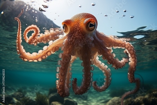 Mesmerizing close-up shot of octopus in clear blue sea with sunlight shining from above © Evgeny