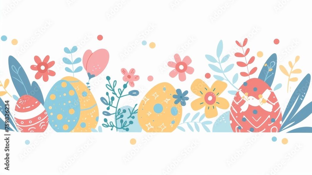 A playful Easter illustration featuring decorated eggs, pastel flowers, and whimsical spring elements to celebrate the holiday