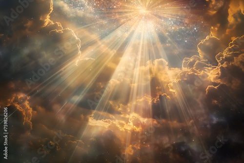 Divine light opening the heavens. Shining skies, pierced by bright rays of Divine light, as a symbol of divine presence, truth and spiritual enlightenment, divine love and grace. 