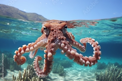 Close up shot of octopus in clear blue waters with sunlight, creating a mesmerizing underwater scene