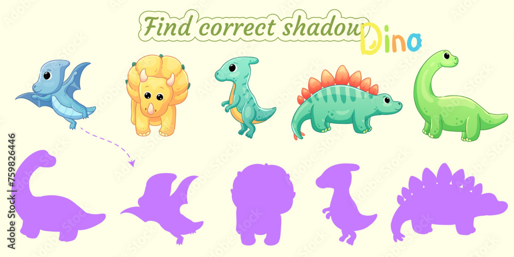 Obraz premium Find the correct shadow of the different dinosaurs.Educational matching game for children. Cartoon vector illustration.