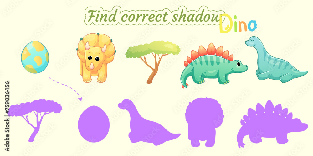 Find the correct shadow of the different dinosaurs.Educational matching game for children. Cartoon vector illustration. Find the correct shadow of the different dinosaurs.Educational matching game for children. Cartoon vector illustration.