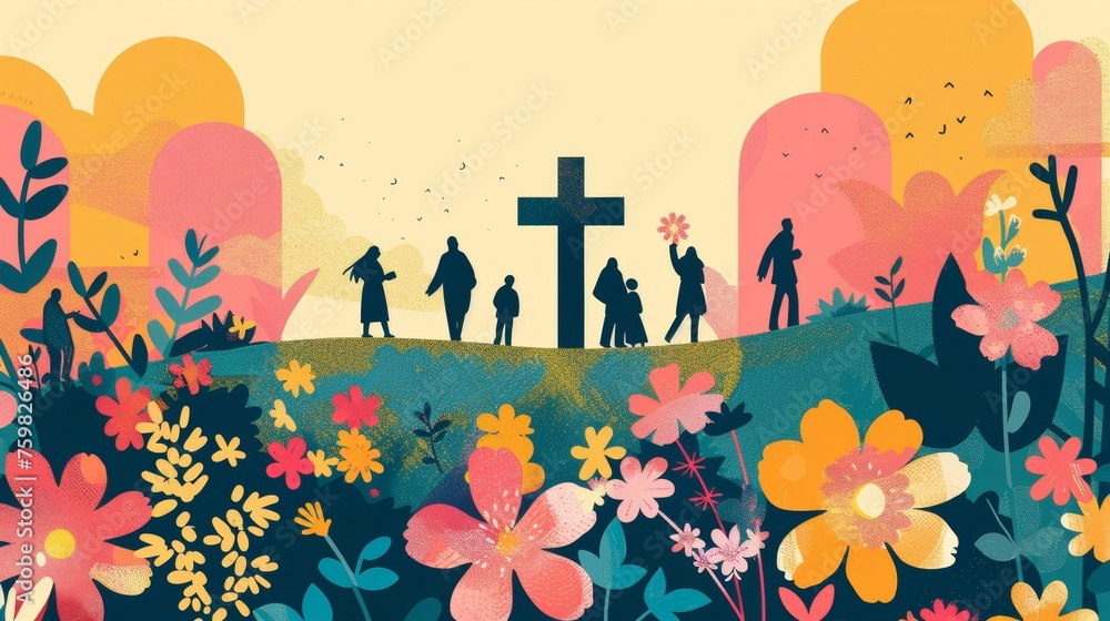 A poignant scene of a family visiting a gravesite with colorful flowers and a sunset background, evoking emotion - obrazy, fototapety, plakaty 