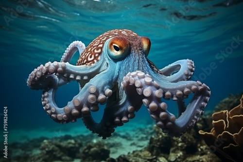 Captivating octopus in clear blue waters with sunlight filtering from above
