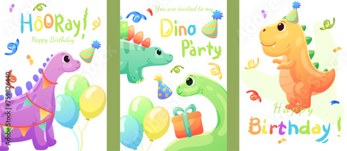 Set of cards  birthday banners  birthday invitations with dinosaurs  balloons and confetti. Dinosaurs that smile and say roar.
