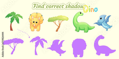 Find the correct shadow of the different dinosaurs.Educational matching game for children. Cartoon vector illustration.
