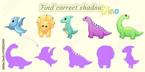 Find the correct shadow of the different dinosaurs.Educational matching game for children. Cartoon vector illustration.