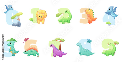 A set with vector numbers decorated with dinosaurs, perfect for children's holidays.