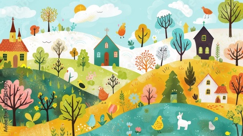 A vibrant and whimsical illustration of a countryside landscape with quaint houses and natural elements