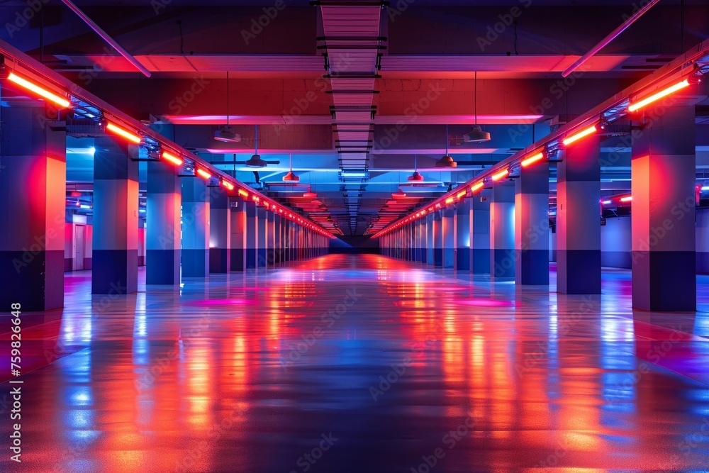 An empty giant spacecraft hall, rainbow tone color palette, photography