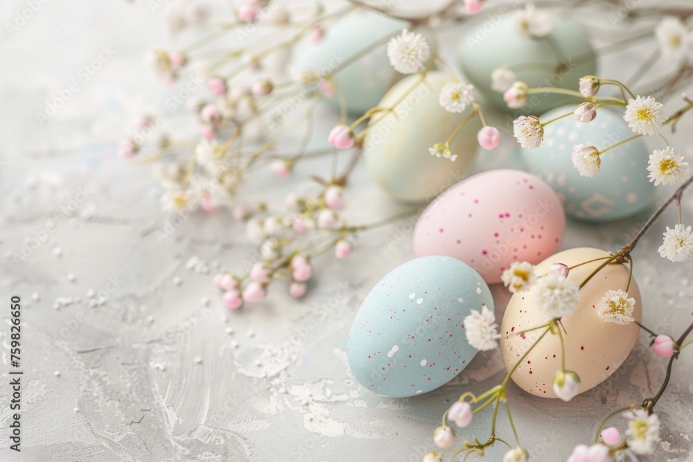 Artful display of soft-colored Easter eggs embellished with delicate spring flora on a textured background