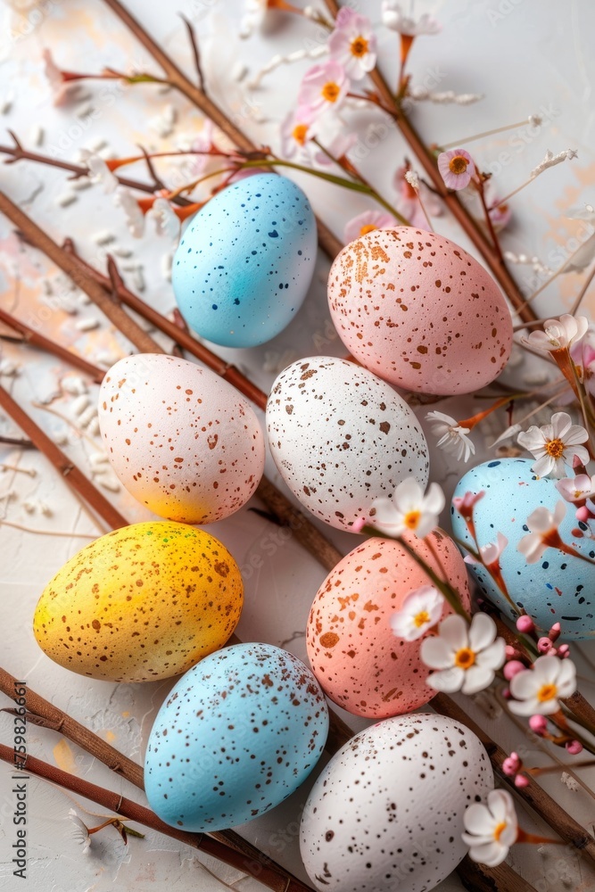 A collection of pastel-colored Easter eggs scattered among cherry blossom branches, representing the onset of spring