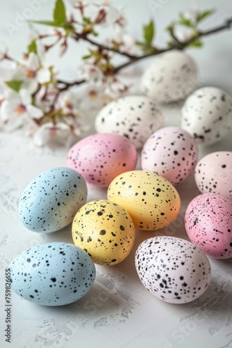 Closeup of multicolored speckled Easter eggs juxtaposed with the fresh bloom of spring, symbolizing renewal
