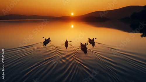 A mesmerizing sunset scene as friends paddle in canoes across a tranquil lake, leaving ripples in their wake.