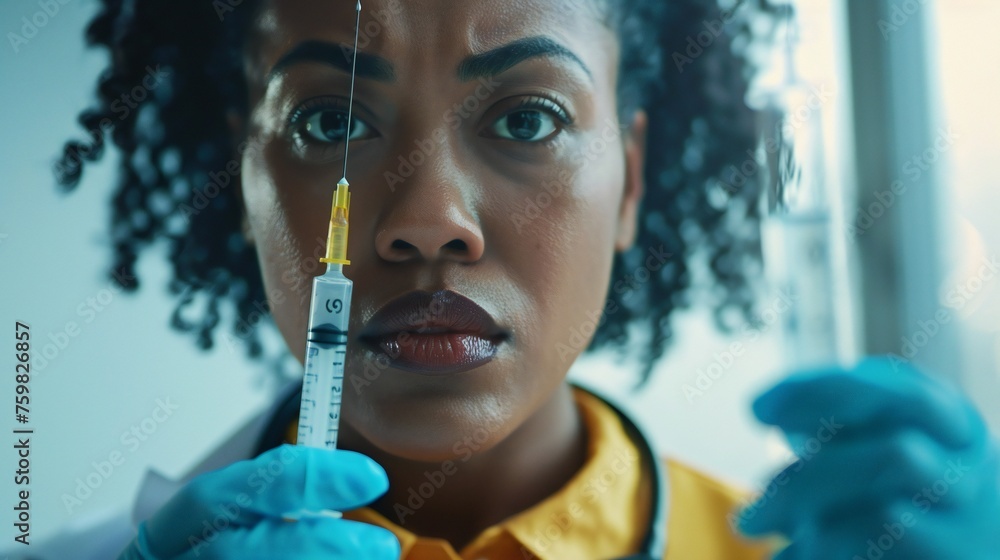 Close-up image of a nurse holding a syringe with a needle. Close-up image of a nurse holding a syringe with a needle.