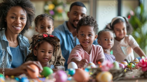 A family with children engaged in decorating eggs for Easter on a table filled with colorful materials
