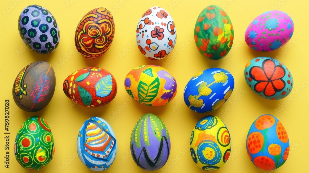 Vibrant collection of Easter eggs, each with unique patterns and colors, displayed on a bright yellow background Vibrant collection of Easter eggs, each with unique patterns and colors, displayed on a bright yellow background