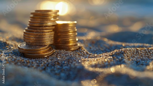 Conceptual image of time and investment with coins stacked on sand