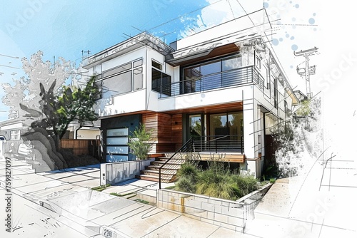 Villa moderne d'architecte, dessin façon croquis, illustration ia générative