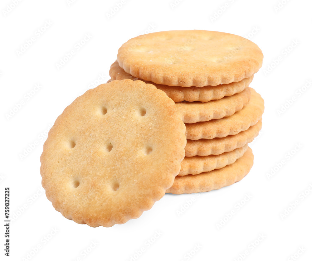 Tasty crispy round crackers isolated on white Tasty crispy round crackers isolated on white