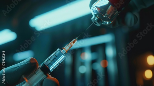 close-up of a syringe and needle in the hands of a medical professional.