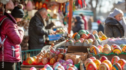 Shoppers peruse stalls filled with traditional, vibrantly painted Easter eggs in this cultural scene © ChaoticMind