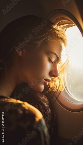 Peaceful Sleep During Flight with Sunlight Window