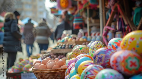 This eye-catching market display boasts a variety of ornately painted Easter eggs with a soft bokeh backdrop