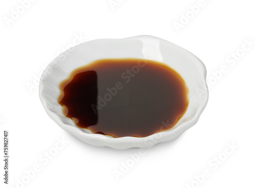 Tasty soy sauce in bowl isolated on white, above view