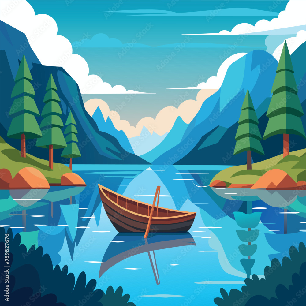 vector, illustration, art, mountains, boat, trees, lake, water, blue, fir trees, clouds, reflection, nature, recreation, tourism, sports