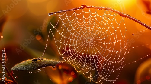 Golden Dewdrops on Spiders Web at Dawn photo