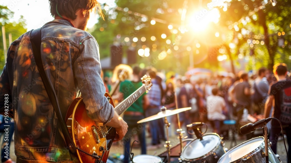 A guitarist performing at an outdoor live music event, capturing the energy of summer concerts and festivals