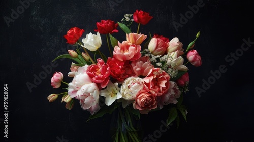 peonies, roses, tulips, lilies, and hydrangeas arranged against a striking black background, leaving plenty of empty space for text or graphics in a realistic photograph.