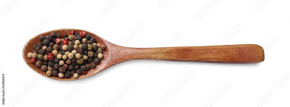 Aromatic spices. Different peppers in wooden spoon isolated on white, top view Aromatic spices. Different peppers in wooden spoon isolated on white, top view