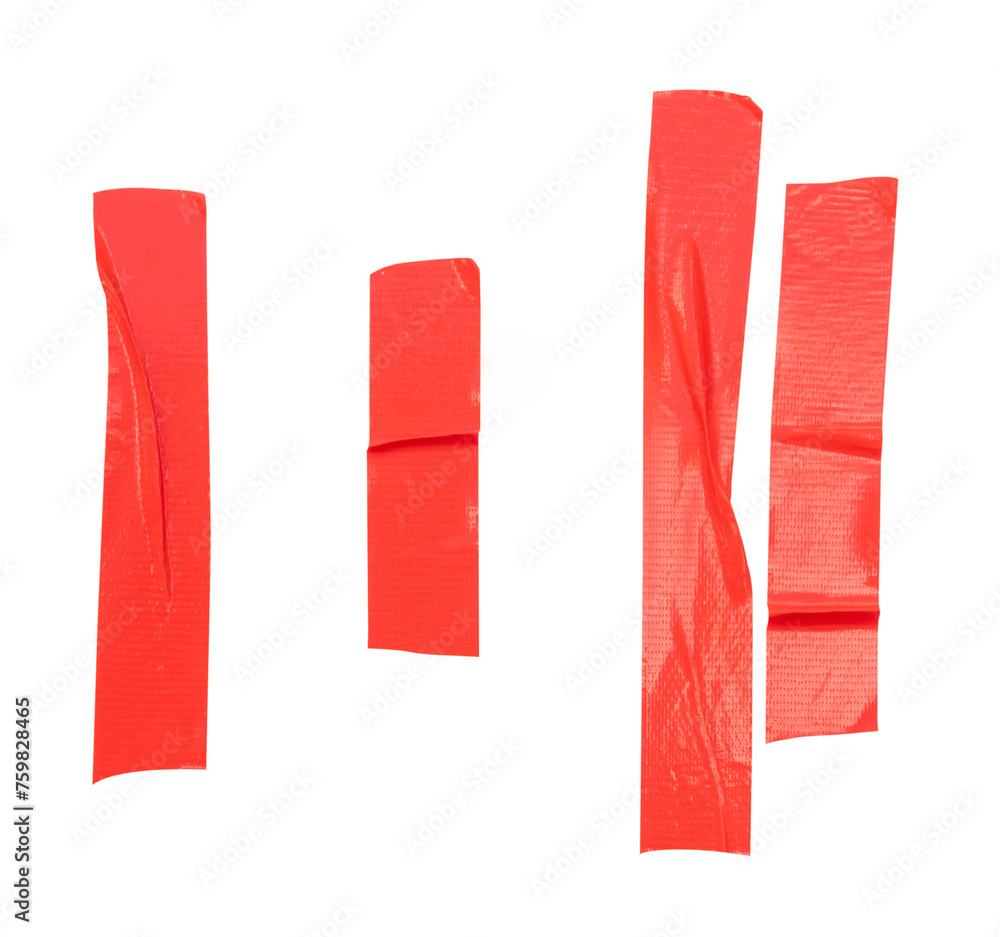 Top view set of red wrinkled adhesive vinyl tape or cloth tape in stripes shape isolated on white background with clipping path Top view set of red wrinkled adhesive vinyl tape or cloth tape in stripes shape isolated on white background with clipping path