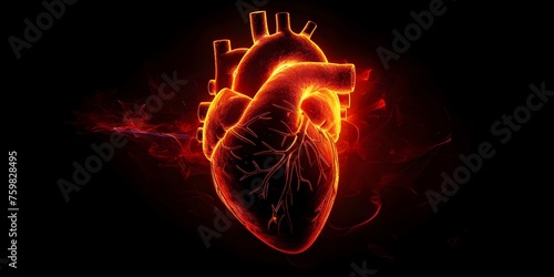 Pulsating red line shaping a digital human heart on a black background. Concept Digital Art  Heartbeat Illustration  Red Line  Black Background  Pulse Visualization