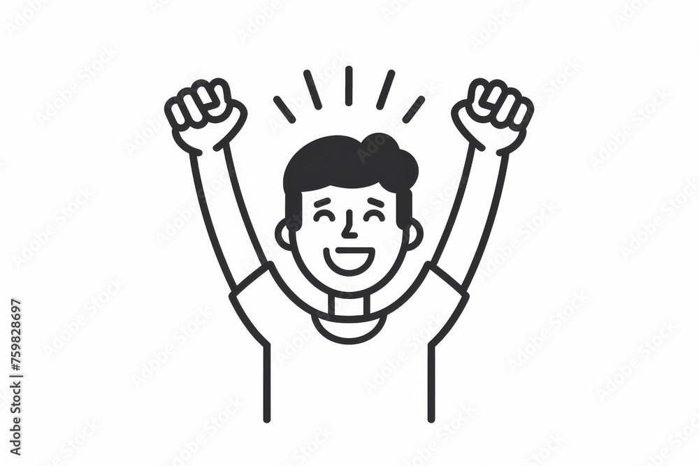 Illustration of a cheerful character raising hands high in celebration or victory, with a sense of achievement Illustration of a cheerful character raising hands high in celebration or victory, with a sense of achievement