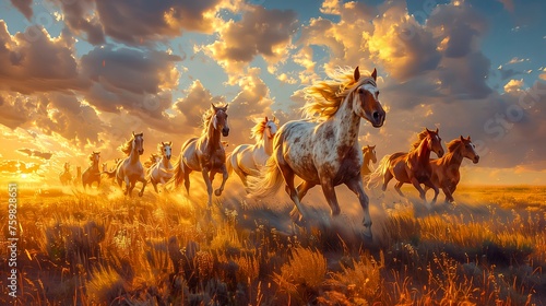 herd of horses running across a field with a beautiful sunset in the background © Greg Kelton
