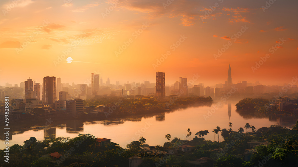 Sunset Over Dhaka: An Illustration of Urban Modernization Meet Traditional Life in Bangladesh