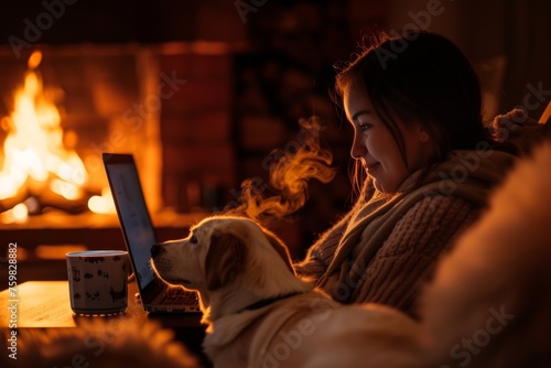 Woman with a dog working on a laptop, silhouetted against a backdrop of a lit fireplace
