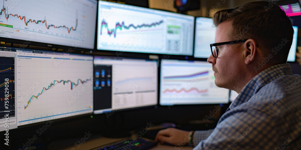 Financial Trader Analyzing Stock Market Data on Multiple Computer Screens at Desk with Concentration and Focus