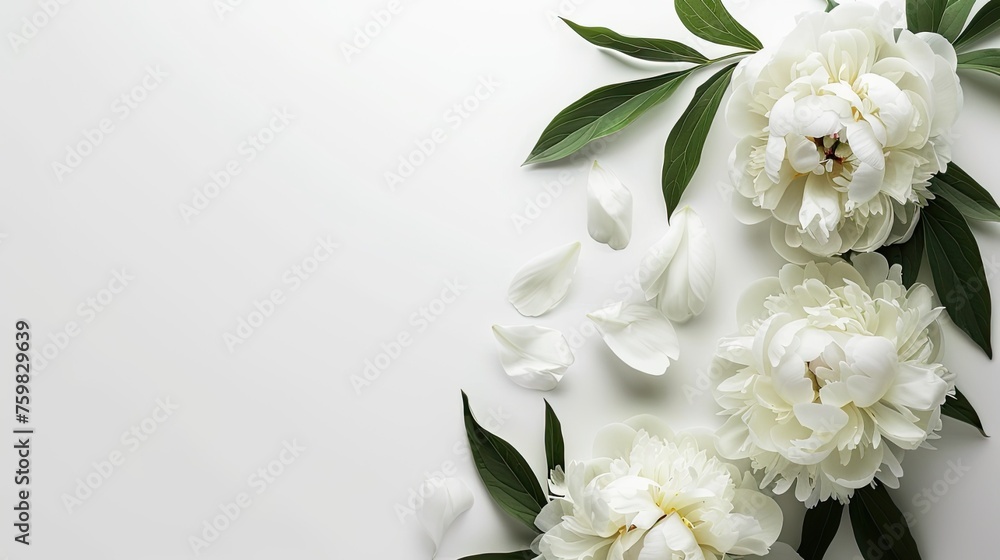 white, red, or pink peonies against a clean white background, leaving ample space for text or graphic elements in a realistic photograph. white, red, or pink peonies against a clean white background, leaving ample space for text or graphic elements in a realistic photograph.