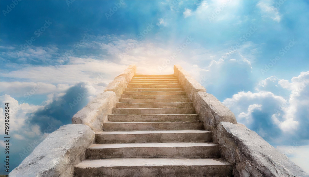 Stone stairs rises to haven, blue sky with white clouds. Freedom and dream concept.