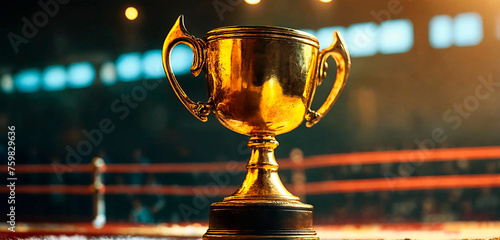 A golden trophy on a boxing ring with blurred audience on the background. Winner concept. Banner format.